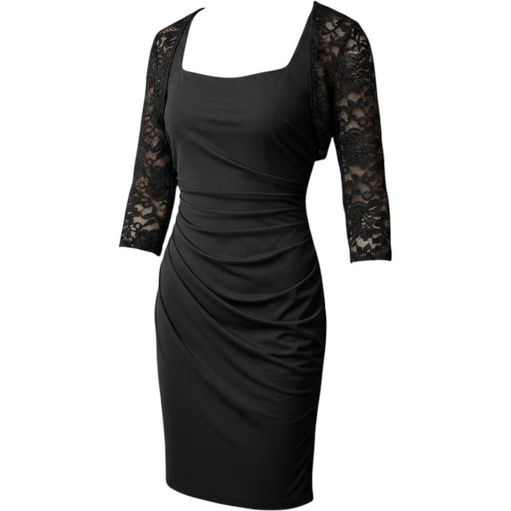 Alex Evenings Black Lace Bodice‎ Ruched Cocktail Party Dress